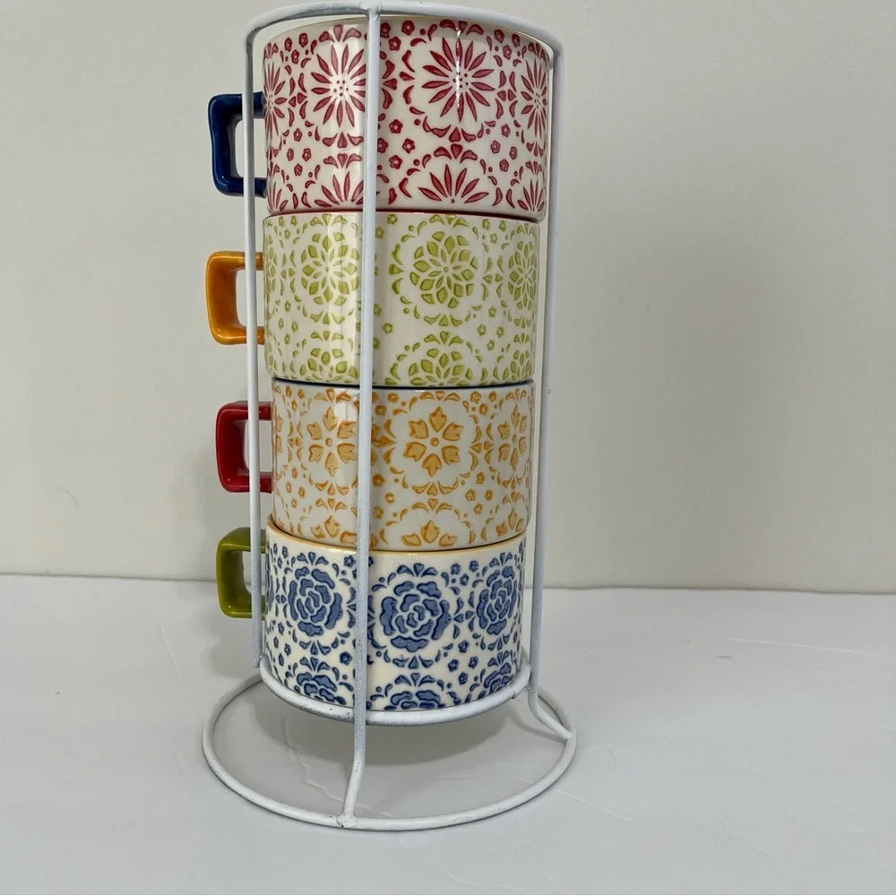 Pier1 Imports Stackable Cups 8oz Hand Pained Stoneware With Stand